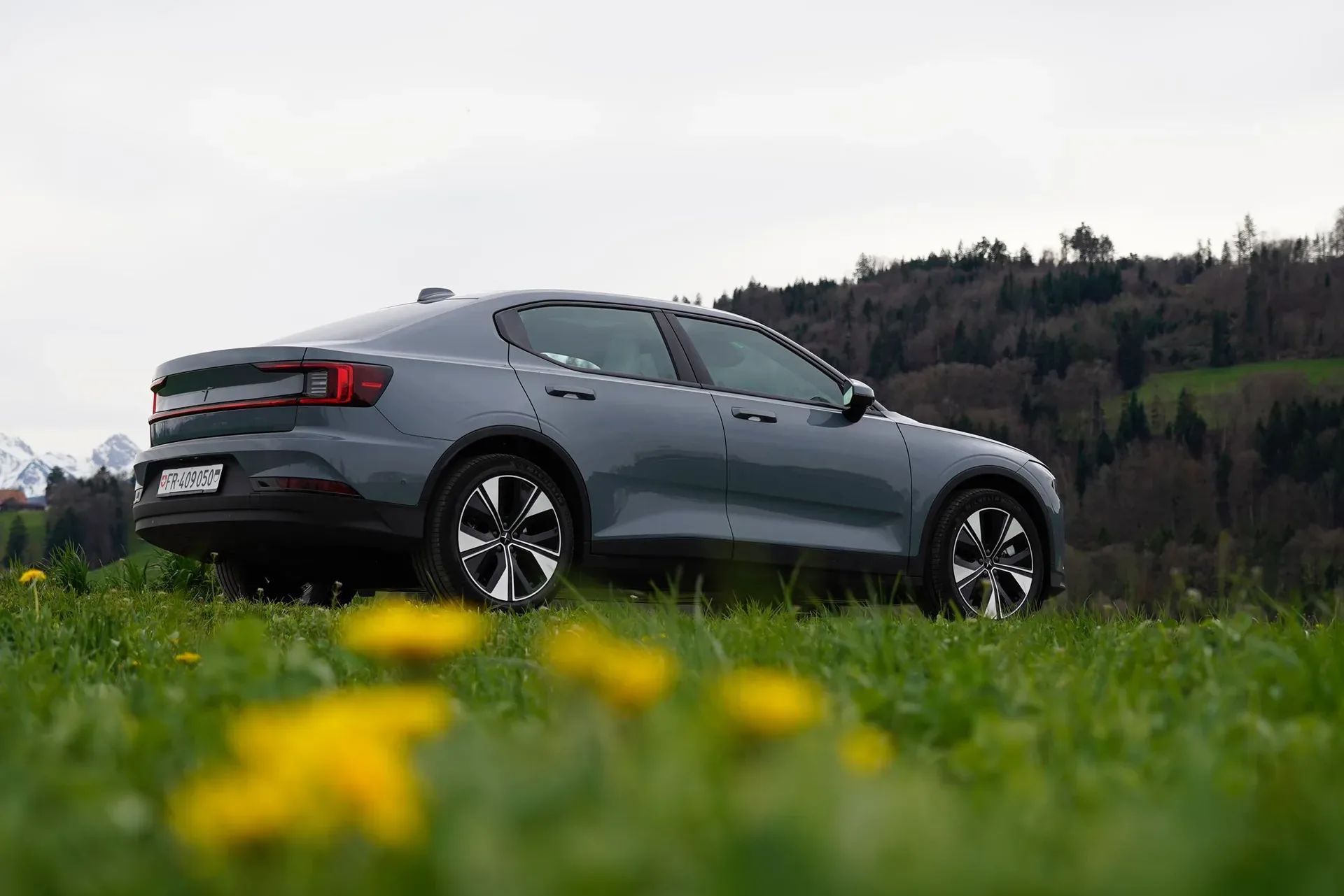 Grauer Polestar 2 von FENN Drive auf einer Wiese
